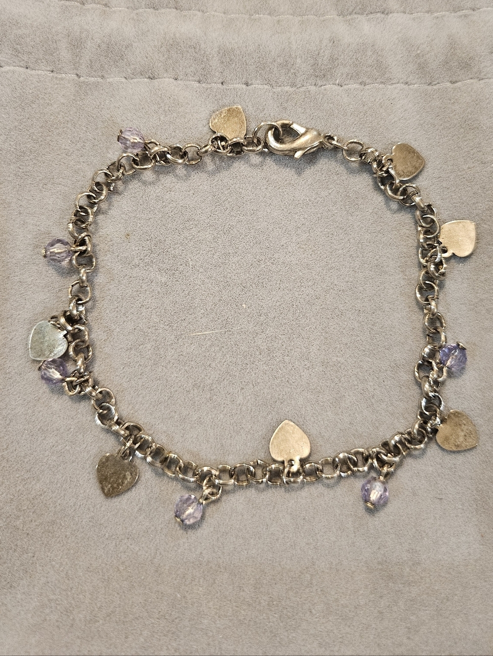 Delicate Silver Heart Ankle Bracelet with Light Purple Beads